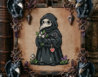 Gothic Plague Doctor Cross Stitch Pattern: Heart Charm Flowers Dark Embroidery (PDF)
