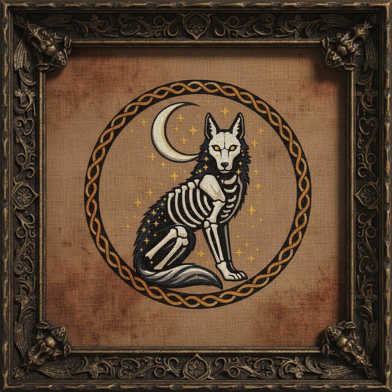 This gothic cross-stitch pattern features a skeletal fox seated beneath a glowing crescent moon, surrounded by a decorative Celtic-style ring and shimmering stars. The fox’s elegant bone structure is rendered in soft ivory and pale gray tones, contrasted against a deep blue night sky dotted with golden starlight. The circular framing gives the design a symbolic, talisman-like presence, making it perfect for gothic décor, fantasy art collections, and celestial-themed embroidery displays.