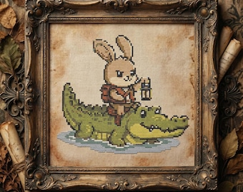 Schema punto croce coniglio che cavalca coccodrillo: ricamo di avventure con animali fantasy (PDF)
