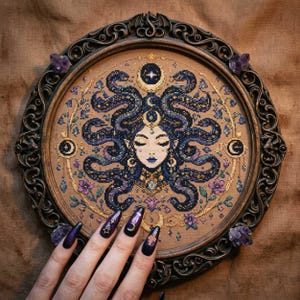 This celestial Medusa cross stitch pattern features a mystical serpent goddess surrounded by flowing cosmic snakes, golden moon symbols, celestial ornaments, and delicate floral accents. Inspired by mythology and dark fantasy aesthetics, the design transforms Medusa into a peaceful moonlit queen filled with elegance and magical energy. Deep navy blue tones blend with soft lavender, dusty pink, and gold celestial details to create an enchanting embroidery composition perfect for gothic home décor