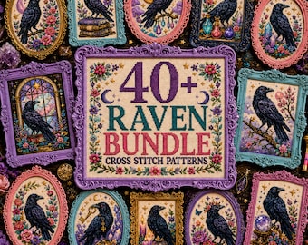 Paquete de más de 40 patrones de punto de cruz de cuervos: patrones PDF de bordado de cuervos góticos fantásticos, brujas y flores para Halloween.
