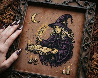 Patrón de punto de cruz de bruja de estilo Dark Academia: Bordado de fantasía con pluma y hechizos (PDF)