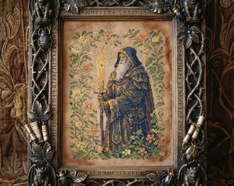 Patrón de punto de cruz de mago antiguo: bordado floral de fantasía medieval en PDF