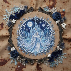 This stunning cross stitch pattern features an elegant ice queen standing before a glowing frozen castle under a full moon. Her flowing gown and cape are rendered in soft icy blues and whites, creating a shimmering, frost-like effect. The background is filled with delicate snowflakes and a deep winter night sky, enhancing the magical atmosphere. Surrounding the scene is an ornate circular frame of frosted roses and swirling icy branches, adding depth and decorative richness. This design is perfe