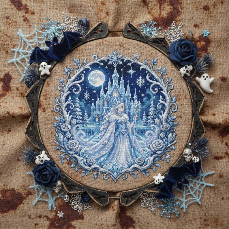 This stunning cross stitch pattern features an elegant ice queen standing before a glowing frozen castle under a full moon. Her flowing gown and cape are rendered in soft icy blues and whites, creating a shimmering, frost-like effect. The background is filled with delicate snowflakes and a deep winter night sky, enhancing the magical atmosphere. Surrounding the scene is an ornate circular frame of frosted roses and swirling icy branches, adding depth and decorative richness. This design is perfe