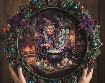 Schema punto croce per calderone da strega accogliente: ricamo per camino e stanza delle pozioni nella casetta invernale in formato PDF