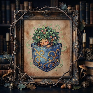 May include: Cross-stitch art of a whimsical creature with a leafy headdress and mushroom accents, nestled in a blue pocket with gold scrollwork. The artwork is framed in a dark, ornate frame with a thorny vine border, evoking a fantasy theme.