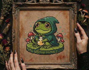 Patrón de punto de cruz de Frog Alchemist: bordado de fantasía cottagecore acogedor en PDF