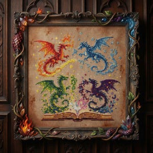 May include: Cross-stitch artwork depicting four dragons in red, blue, green, and purple, each with elemental effects. The dragons are set against a tan background, framed in a detailed wooden frame with decorative elements.