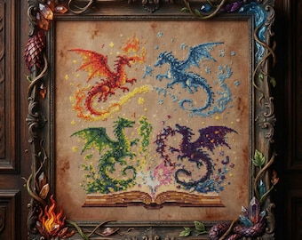 Schema punto croce draghi dei quattro elementi: ricamo fantasy del libro magico PDF