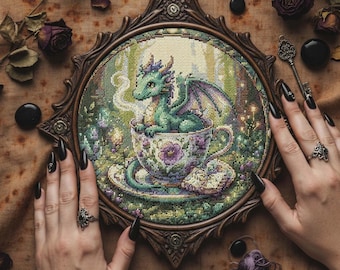 Patrón de punto de cruz de dragón en forma de taza de té: Dragón bebé acogedor y bordado floral de fantasía (PDF)