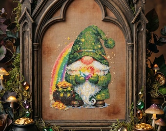 St Patricks Gnome Cross Stitch Pattern: Rainbow Spring Leprechaun Embroidery PDF