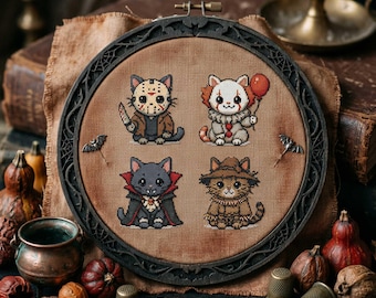 Horror Cat Minis Cross Stitch Pattern: Vampire Clown Slasher Cowboy Embroidery (PDF)