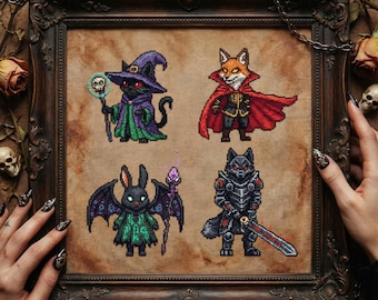 Fantasy Animal Heroes Cross Stitch Pattern: Wizard Fox Dragon Knight Bunny Embroidery (PDF)