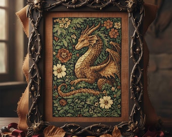 Golden Dragon Cross Stitch: Floral Fantasy Dragon in Lush Garden, Nature Embroidery PDF