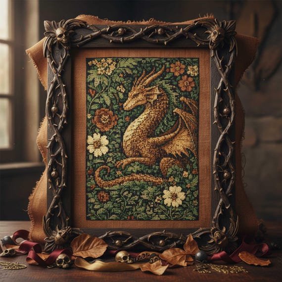 Golden Dragon Cross Stitch: Floral Fantasy Dragon in Lush Garden, Nature Embroidery PDF
