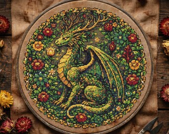 May include: Cross-stitch embroidery of a green dragon with antlers, surrounded by flowers and foliage. The dragon has yellow accents and large wings. The embroidery is set in a wooden hoop on a brown fabric background.
