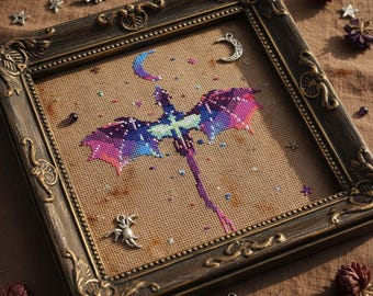 Schema punto croce spada drago celeste: ricamo fantasy gotico con luna crescente (PDF)