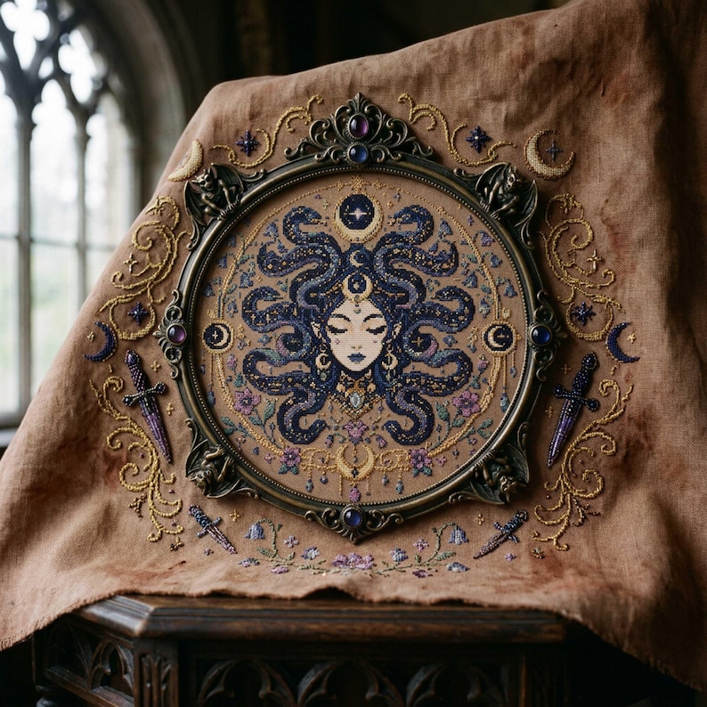 This celestial Medusa cross stitch pattern features a mystical serpent goddess surrounded by flowing cosmic snakes, golden moon symbols, celestial ornaments, and delicate floral accents. Inspired by mythology and dark fantasy aesthetics, the design transforms Medusa into a peaceful moonlit queen filled with elegance and magical energy. Deep navy blue tones blend with soft lavender, dusty pink, and gold celestial details to create an enchanting embroidery composition perfect for gothic home décor
