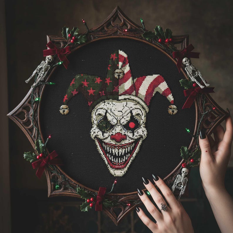 Horror Stitching Vector Creepy Jester Clown Cross Stitch Pattern: Nightmare Carnival Mask ...