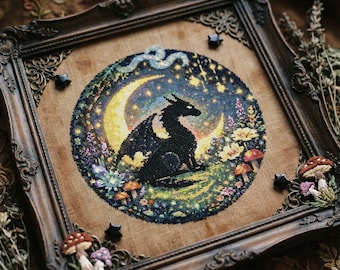 Schema punto croce drago celeste: ricamo drago notturno fantasy e luna crescente (PDF)