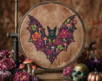 Floral Bat Mushroom Cross Stitch Pattern: Gothic Halloween Witchcore Gothic Embroidery (PDF)