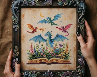 Colorful Dragon Cross Stitch Pattern: Magical Celestial Book Embroidery PDF