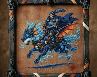 Punto de cruz de fantasía gótica: Caballero oscuro cabalgando un dragón de llamas azules, bordado medieval épico (PDF)