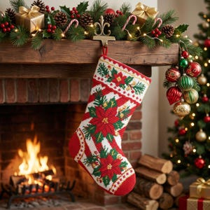 Peut inclure: Une chaussette de Noël ornée d'un motif en point de croix représentant des fleurs de poinsettia rouges et des feuilles de houx vertes sur un fond rayé blanc et rouge. La chaussette est suspendue à un crochet en métal doré sur une cheminée.