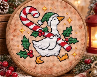 Holiday Goose Cross Stitch Pattern: Candy Cane Holly Christmas Festive Bird Embroidery PDF