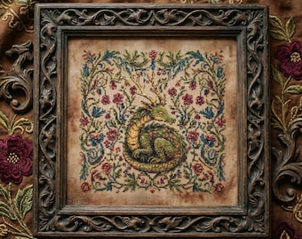 Botanical Dragon Cross Stitch: Curled Green Dragon with Flowers, Fantasy Embroidery PDF