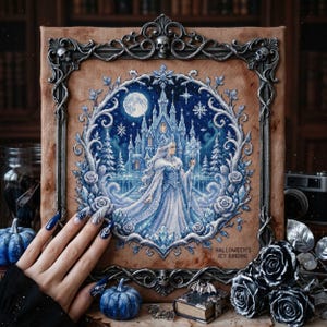 This stunning cross stitch pattern features an elegant ice queen standing before a glowing frozen castle under a full moon. Her flowing gown and cape are rendered in soft icy blues and whites, creating a shimmering, frost-like effect. The background is filled with delicate snowflakes and a deep winter night sky, enhancing the magical atmosphere. Surrounding the scene is an ornate circular frame of frosted roses and swirling icy branches, adding depth and decorative richness. This design is perfe
