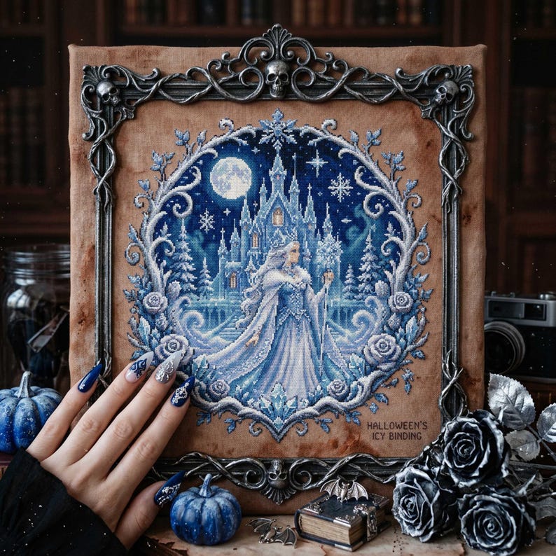 This stunning cross stitch pattern features an elegant ice queen standing before a glowing frozen castle under a full moon. Her flowing gown and cape are rendered in soft icy blues and whites, creating a shimmering, frost-like effect. The background is filled with delicate snowflakes and a deep winter night sky, enhancing the magical atmosphere. Surrounding the scene is an ornate circular frame of frosted roses and swirling icy branches, adding depth and decorative richness. This design is perfe