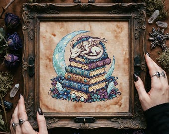 Moonlit Library Dragon Cross Stitch Pattern: Cozy Sleeping Dragon on Magic Books Embroidery PDF