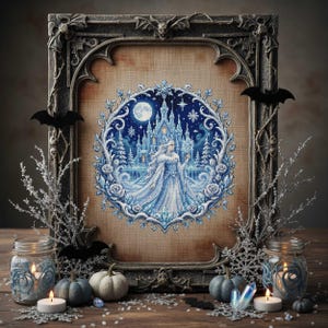 This stunning cross stitch pattern features an elegant ice queen standing before a glowing frozen castle under a full moon. Her flowing gown and cape are rendered in soft icy blues and whites, creating a shimmering, frost-like effect. The background is filled with delicate snowflakes and a deep winter night sky, enhancing the magical atmosphere. Surrounding the scene is an ornate circular frame of frosted roses and swirling icy branches, adding depth and decorative richness. This design is perfe