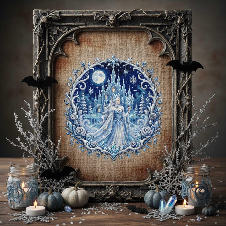 This stunning cross stitch pattern features an elegant ice queen standing before a glowing frozen castle under a full moon. Her flowing gown and cape are rendered in soft icy blues and whites, creating a shimmering, frost-like effect. The background is filled with delicate snowflakes and a deep winter night sky, enhancing the magical atmosphere. Surrounding the scene is an ornate circular frame of frosted roses and swirling icy branches, adding depth and decorative richness. This design is perfe