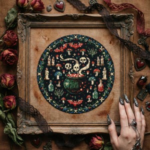 May include: A framed, circular cross-stitch design featuring a witch's cauldron with skulls and steam, surrounded by candles, mushrooms, and bats. The design is set against a dark background, framed in a wooden frame, and decorated with dried roses and ribbons.