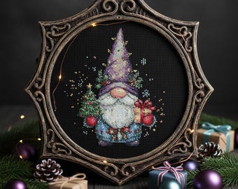 Christmas Gnome Cross Stitch Pattern: Holiday Tree & Gift Embroidery PDF for Festive Stitching