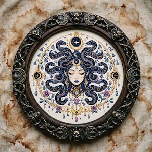 This celestial Medusa cross stitch pattern features a mystical serpent goddess surrounded by flowing cosmic snakes, golden moon symbols, celestial ornaments, and delicate floral accents. Inspired by mythology and dark fantasy aesthetics, the design transforms Medusa into a peaceful moonlit queen filled with elegance and magical energy. Deep navy blue tones blend with soft lavender, dusty pink, and gold celestial details to create an enchanting embroidery composition perfect for gothic home décor