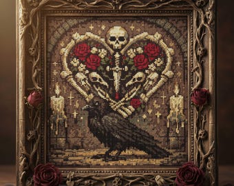 Valentine Cross Stitch Pattern: Macabre Raven and Skull Heart Altar Embroidery (PDF)