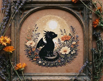 Schema punto croce Fantasy Night Dragon: Luna crescente, fiori e ricamo fantasy gotico (PDF)