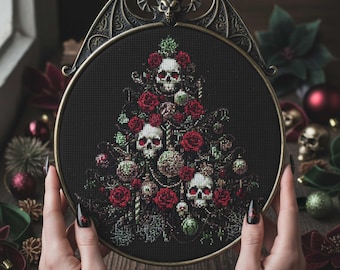 Skull Rose Christmas Tree Cross Stitch Pattern: Gothic Holiday Skeleton Tree Embroidery PDF