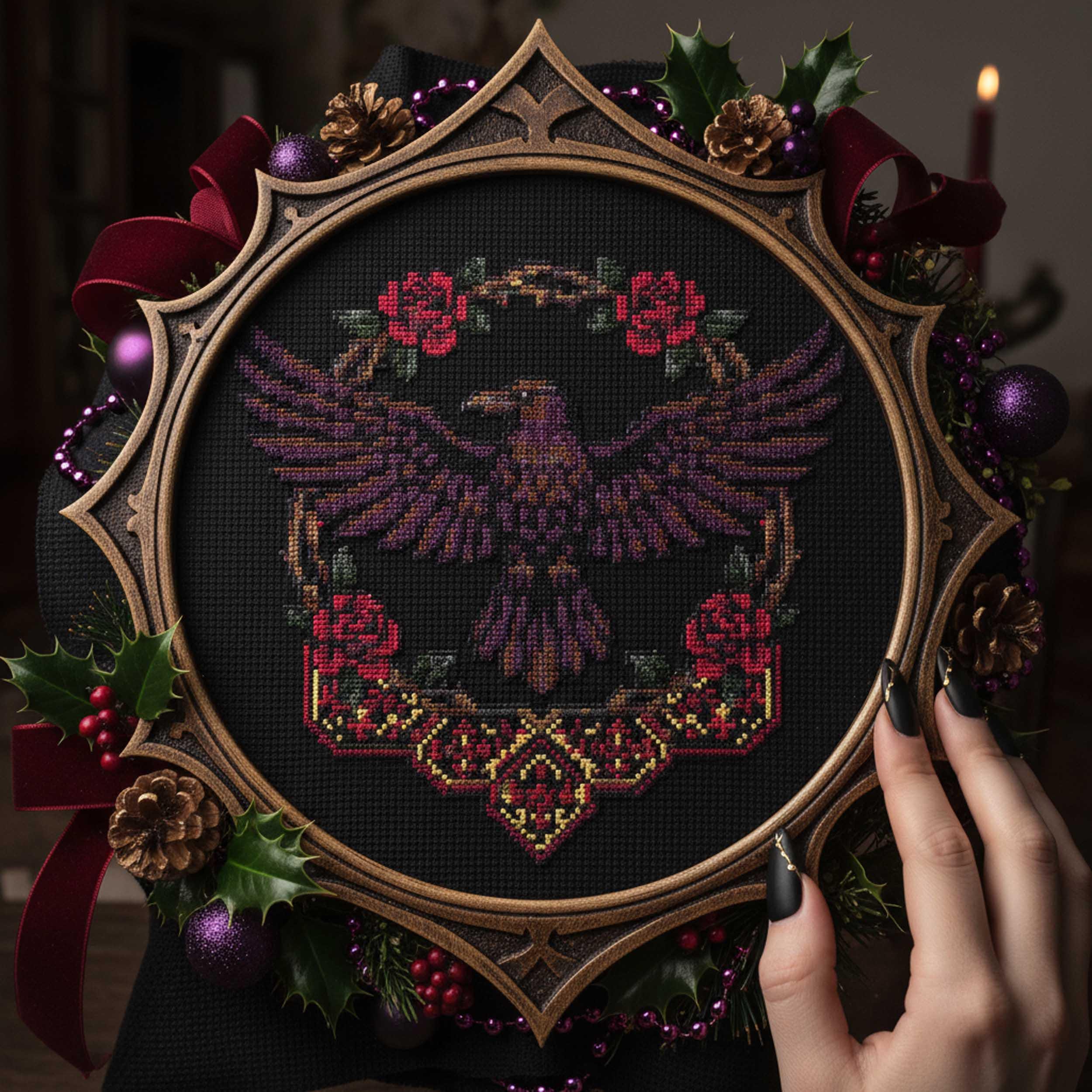 Gothic Raven Cross Stitch Pattern: Red Roses & Ornate Gold Frame Dark ...