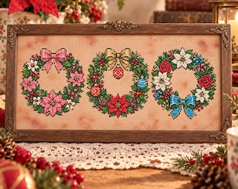 Christmas Floral Wreath Cross Stitch Pattern: Festive Bow Holiday Poinsettia Ornament Embroidery PDF