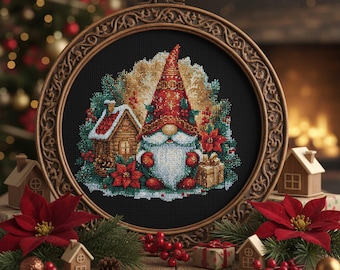 Christmas Gnome Cross Stitch Pattern PDF – Cozy Cabin Winter Scene with Gifts, Poinsettias