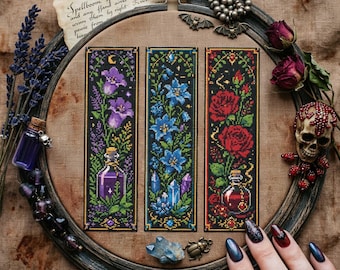 Potion Bottle Bookmark Cross Stitch Pattern: Witchcore Floral Needlework Embroidery PDF