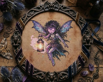 Patrón de punto de cruz de linterna de hada mágica: bordado de fantasía de hada nocturna brillante (PDF)