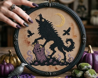 Werewolf Cross Stitch Pattern: Moonlit Wolf Beast and Gothic Halloween Embroidery PDF