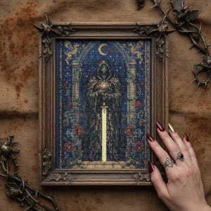 May include: A framed cross-stitch artwork depicting a figure in dark armour holding a sword, set against a starry night sky with a crescent moon. The frame is ornate, with decorative elements. The artwork is rich in detail and colour.