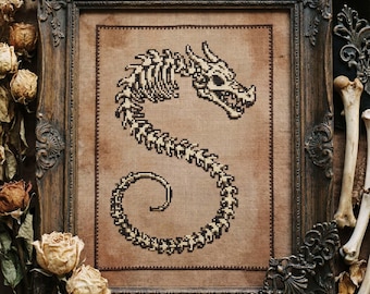 Patrón de punto de cruz de dragón esquelético: bordado de dragón de hueso de fantasía oscura (PDF)